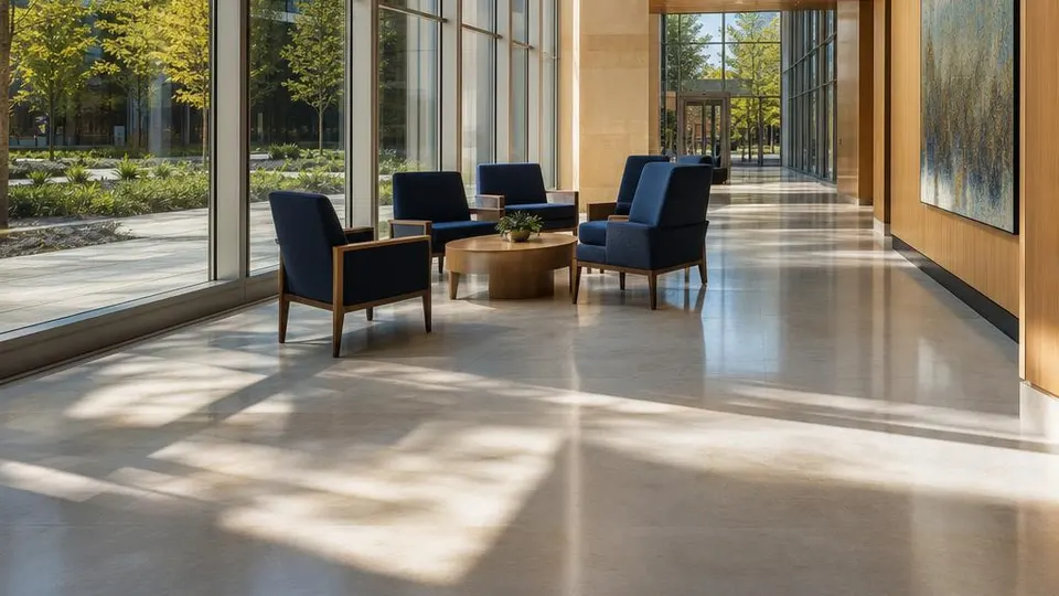 Sunlit interior walkway through a contemporary academic medical center