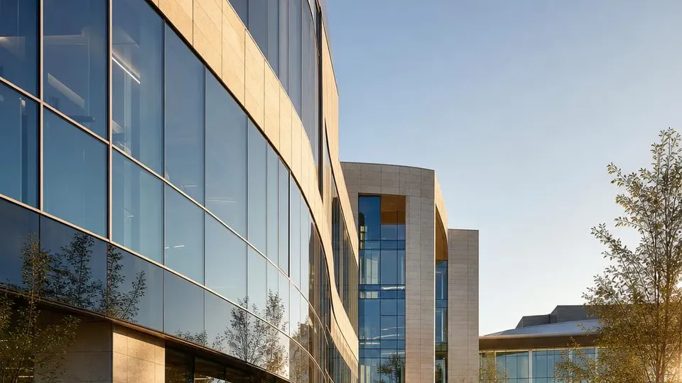 Contemporary healthcare campus with a glass facade, courtyard, and landscaped entry